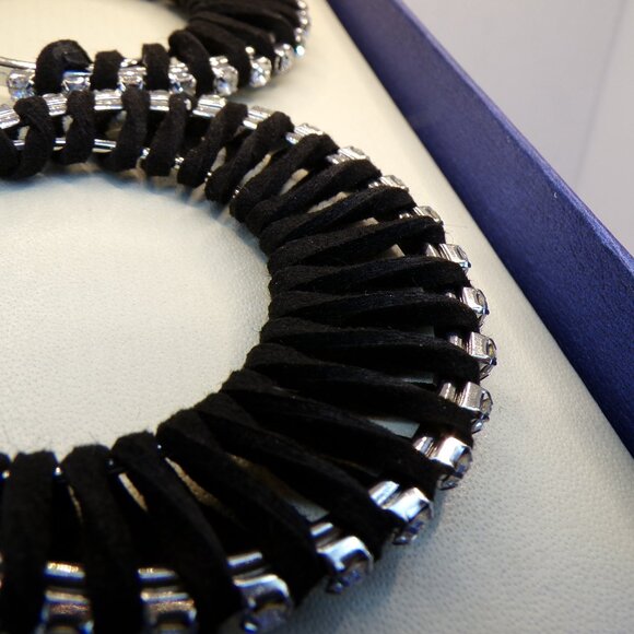 Persimmon Crystal Black Leather Hoop Earrings - Picture 2 of 7